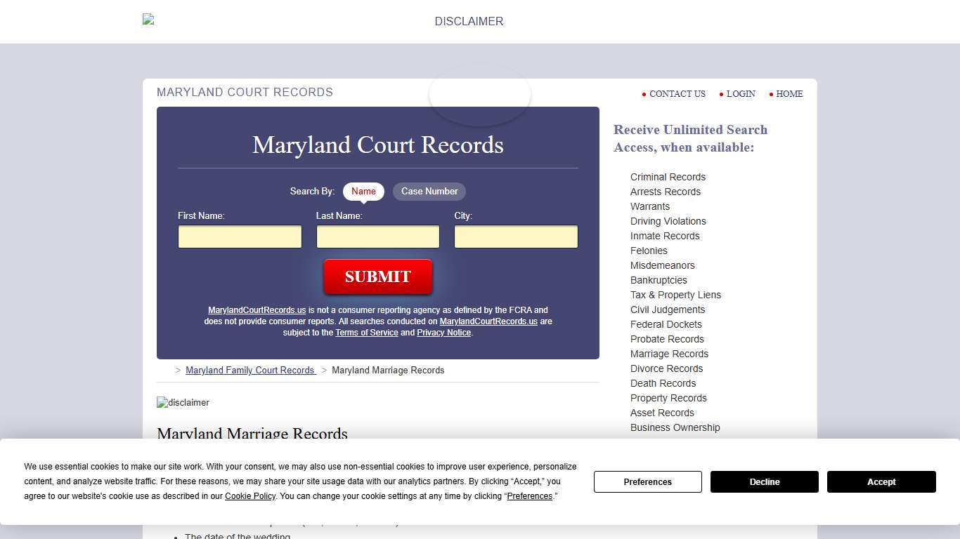 Maryland Marriage Records Search | MarylandCourtRecords.us